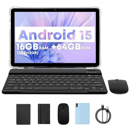 PRITOM 15 - 10,1-Zoll-Android-Tablet, 16 GB RAM, 64 GB ROM, mit Tastaturgehäuse und Stift, Dual-Kamera, 8-MP-Akku, 6000 mAh, ideales Geschenk für Schule und Alltag